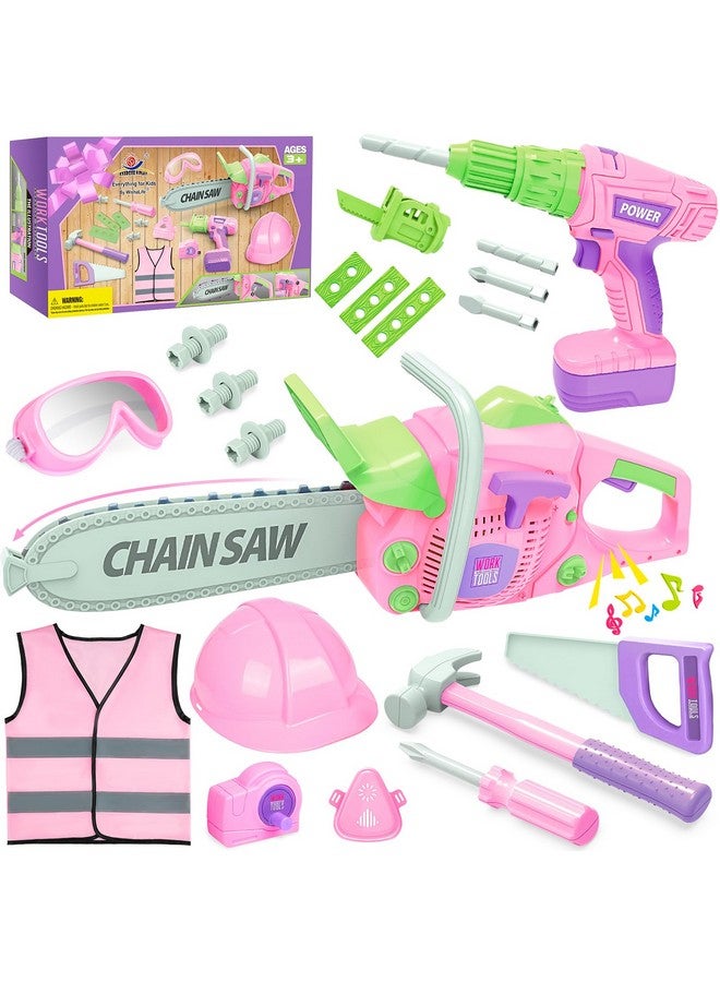 Kids Tool Set Pink Tool Set For Girls With Toy Chainsaw Toy Drill Construction Vest Toddler Tool Set Pretend Play Toy Tools Gift For Kids Ages 3 4 5 6 7 8 Years Old