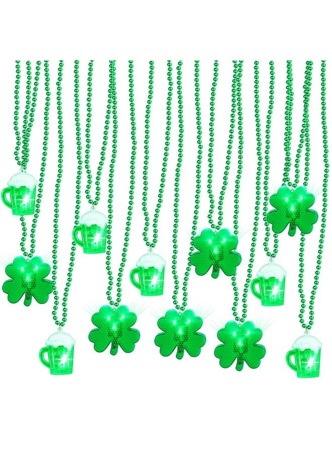 12 Pcs St. Patrick'S Day Beads Necklaces Light Up Shamrocks Necklaces Led Glow St. Patrick'S Day Accessories Flashing Clovers Beer Mug Green Patricks Day Necklace For Women Man Kids