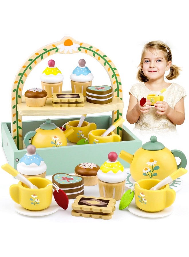 Wooden Tea Sets For Little Girls Play Food Cake Toys Toddlers 35 Kitchen Accessories Pretend Play Princess Playset For 3 4 5 6 Year Old Girl Boy Party Birthday Gift