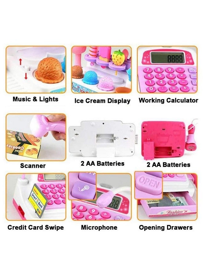 Ice Cream Store Mini Cash Register With Pretend Play Desserts Working Scanner Calculator Microphone Money And Credit Card