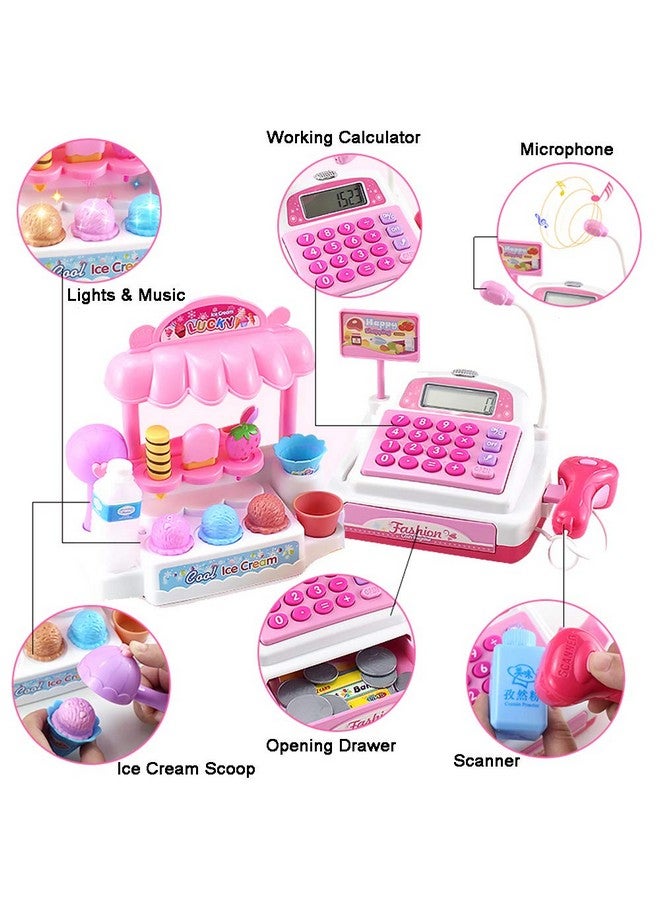 Ice Cream Store Mini Cash Register With Pretend Play Desserts Working Scanner Calculator Microphone Money And Credit Card