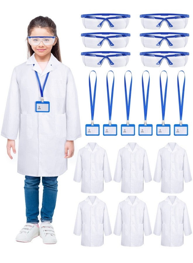 6 Sets 18 Pcs White Kids Lab Coats Bulk Children Girl Doctor Scientist Costume Lab Coat With Goggles Card Holder (Small)