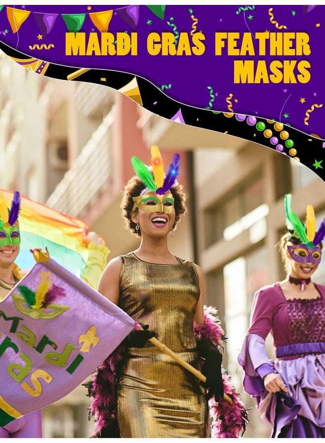 36 Pcs Mardi Gras Feather Mask Bulk New Orleans Masquerade Mask Led Carnival Sequin Mask Party Supplies(Yellow Green Purple)