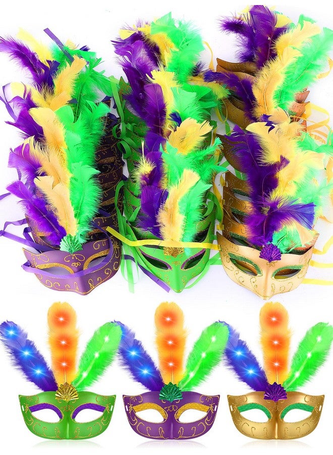 36 Pcs Mardi Gras Feather Mask Bulk New Orleans Masquerade Mask Led Carnival Sequin Mask Party Supplies(Yellow Green Purple)