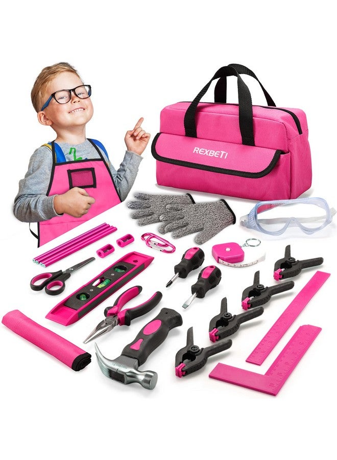 25Piece Kids Tool Set With Real Hand Tools Pink Durable Storage Bag Children Learning Tool Kit For Home Diy And Woodworking