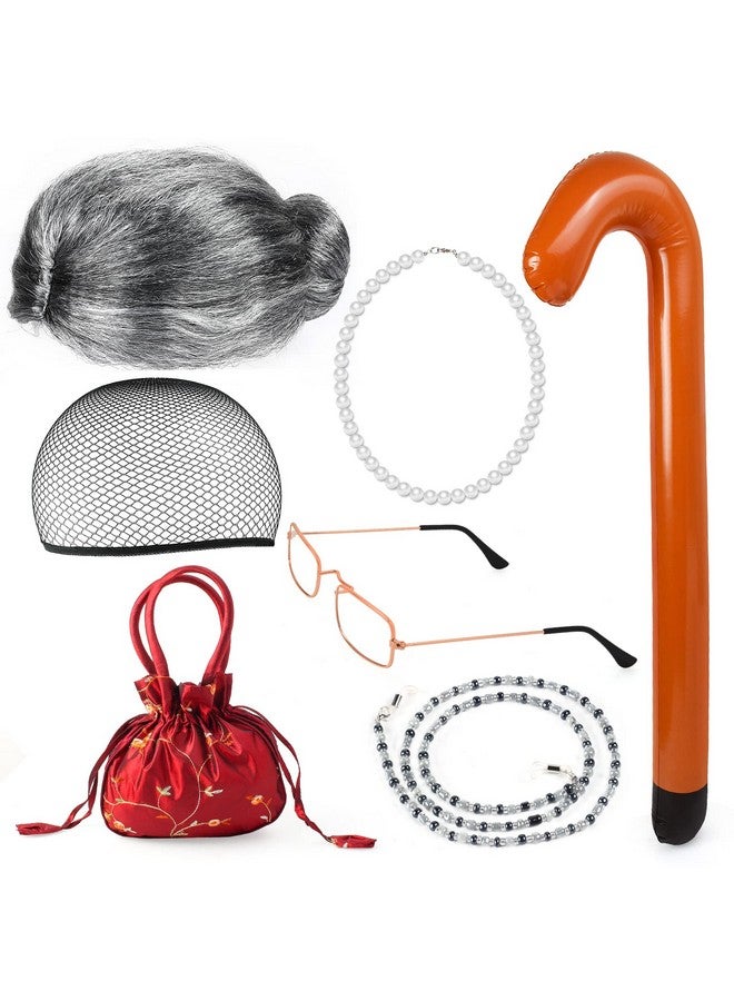 Old Lady Costume Set Grandmother Wigcostume Glasseswig Caps Pearl Necklace Glass Chain Inflatable Cane Handbag (Grey)