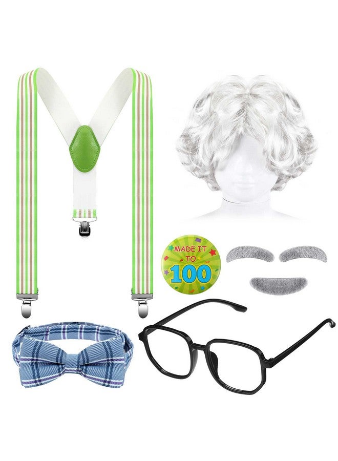 7 Pcs Old Man Costume For Kids 100 Day Of School Grandpa Costume Grandpa Wig Suspender Glasses Eyebrows Set For Boys