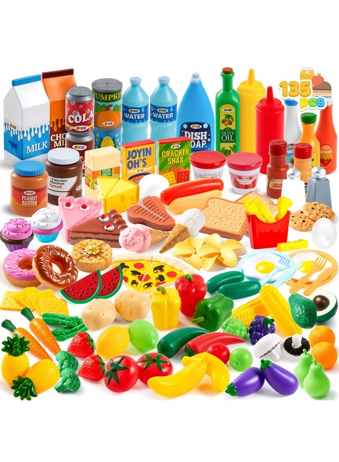 135Pcs Kids Play Food Set Value Pretend Food For Play Kitchen With Fruit Vegetable Food Can Dessert Tableware Bottles Dramatic Plastic Food Toys For Toddler Boys Girls 3+ Years