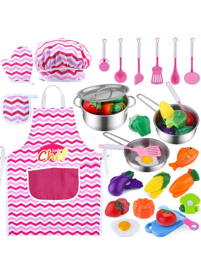 Kids Kitchen Pretend Play Toys Kitchen Playset Cooking Toys Set With Stainless Steel Cooking Utensils Cookware Pots And Pans Set Cutting Vegetables Knife And Apron For Kids Toddlers Girls