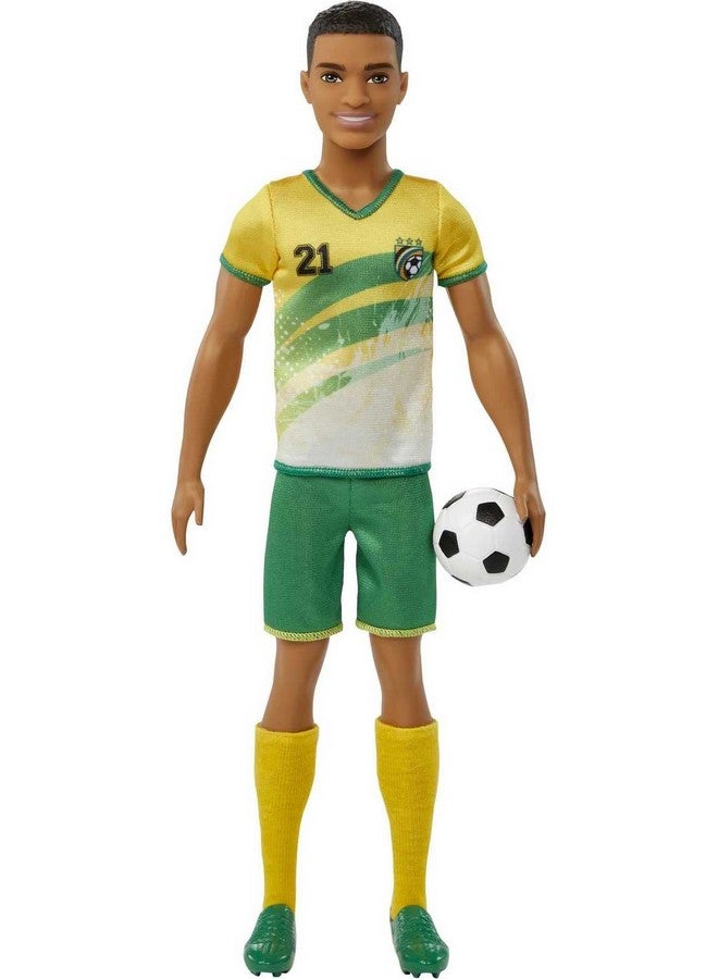 Soccer Ken Doll With Short Cropped Hair Colorful 21 Uniform Cleats & Tall Socks Soccer Ball