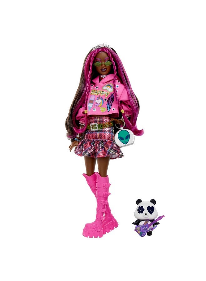 Extra Doll & Accessories With Pinkstreaked Brunette Hair In Graphic Hoodie & Plaid Skirt With Pet Panda