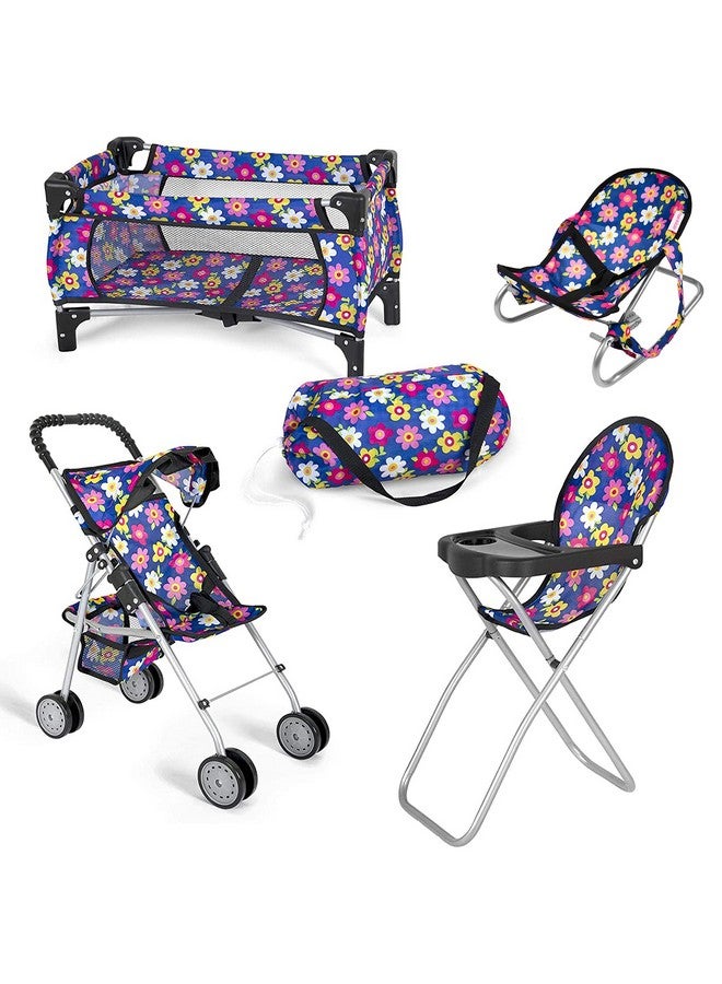 4 Piece Baby Doll Play Set Flower Design Includes Pack N Play Stroller High Chair Infant Seat Fits Up To 18'' Accessories