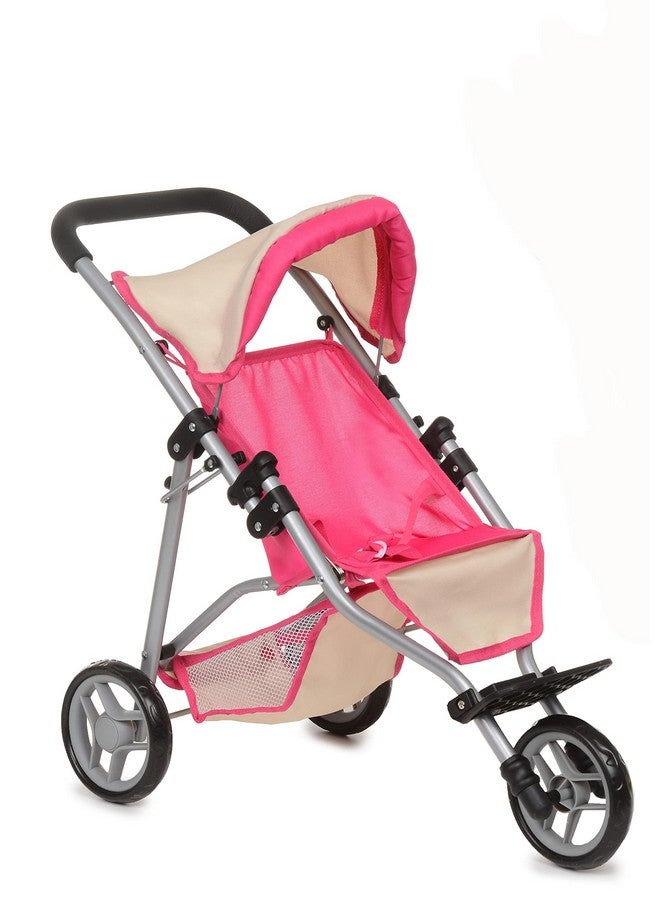 My First Doll Jogger Stroller With Adjustable Canopy & Toy Storage Basket Easy Foldable Baby Stroller For Pretend Play Pink & Offwhite Design