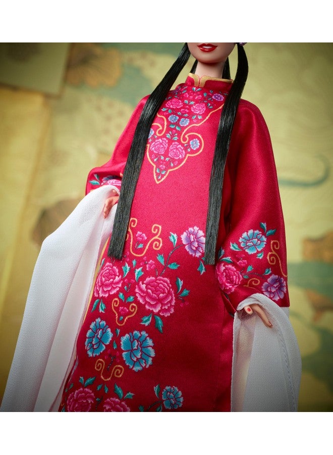 Signature Lunar New Year Doll Collectible In Red Floral Robe With Traditional Accessories Inspired By The Peking Opera