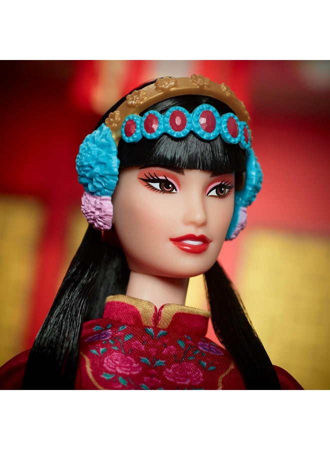 Signature Lunar New Year Doll Collectible In Red Floral Robe With Traditional Accessories Inspired By The Peking Opera