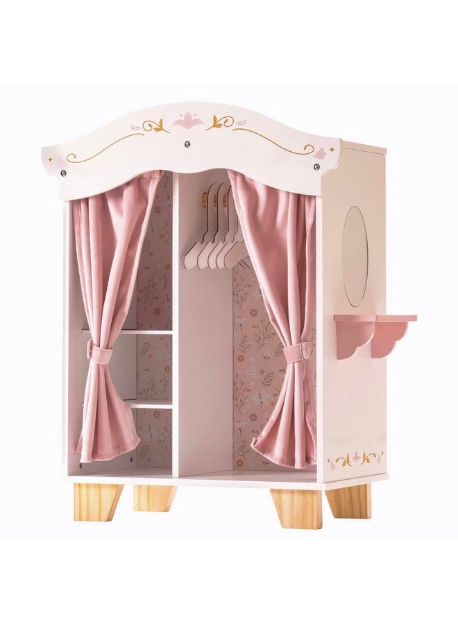 Wooden Play Armoire Closet For Dolls Doll Closet Furniture Wardrobe With 5 Hangers Mirror Velvet Curtains Fit For 1620In American Girl Doll Clothes Gift For Boys & Girls 3+