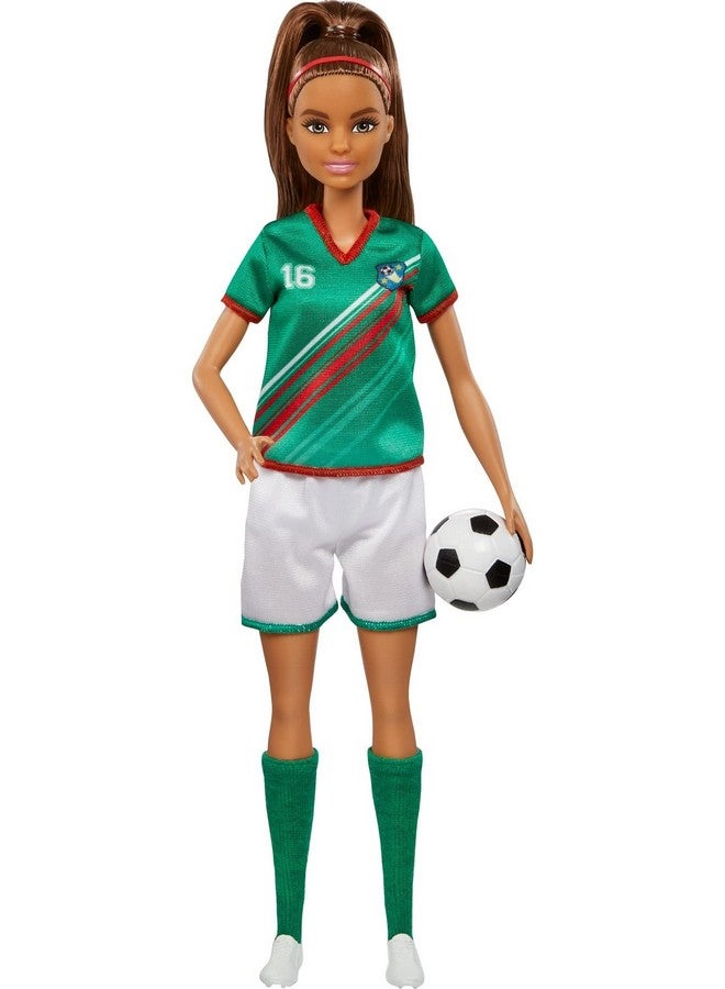 Soccer Fashion Doll With Brunette Ponytail Colorful 16 Uniform Cleats & Tall Socks Soccer Ball