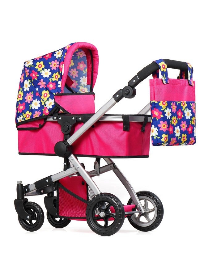 Foldable Pram For Baby Doll With Flower Design With Swiveling Wheel Adjustable Handle Bassinet Stroller With Baby Doll Convertible Seat And Basket And Free Carriage Bag