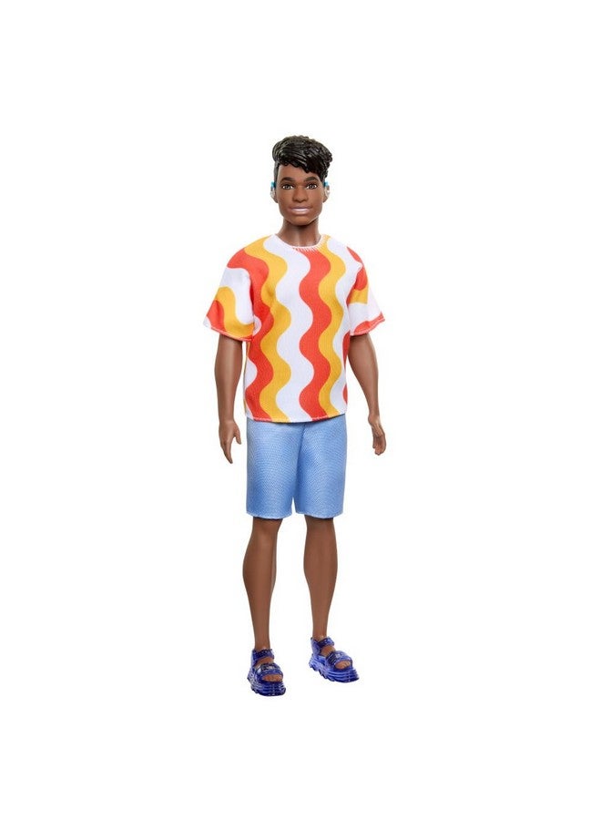 Fashionistas Ken Doll 220 With Behindtheear Hearing Aids & Broad Body Wearing A Removable Orange Patterned Shirt Shorts & Jelly Sandals