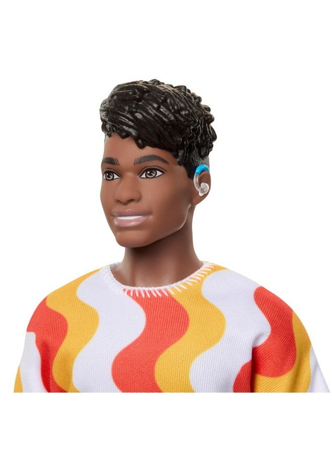 Fashionistas Ken Doll 220 With Behindtheear Hearing Aids & Broad Body Wearing A Removable Orange Patterned Shirt Shorts & Jelly Sandals