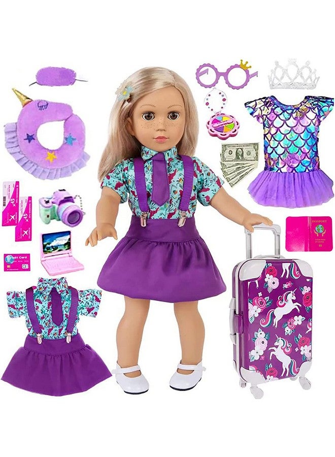 25Pc 18 Inch Girl Doll Clothes And Accessories Travel Case Luggage School Play Set With Pillow Camera Sunglasses For 18 Inch Dolls Travel Storage Gift For Girls (No Doll)