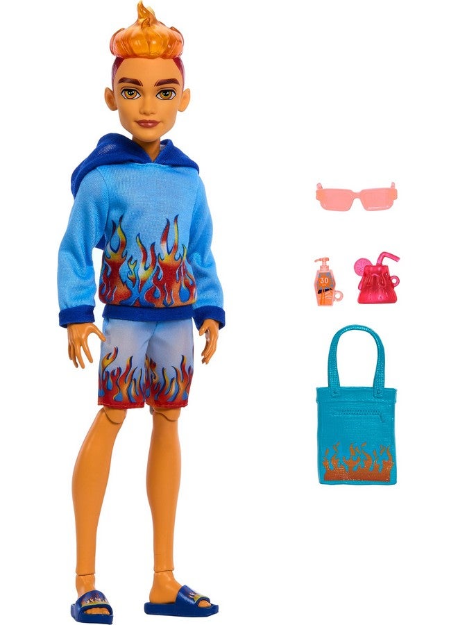 Scareadise Island Heath Burns Doll With Flame Hoodie Swim Trunks And Beach Accessories Like Sunglasses