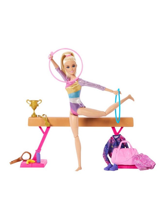 Gymnastics Doll & Accessories Playset With Blonde Fashion Doll Cclip For Flipping Action Balance Beam Warmup Suit & More