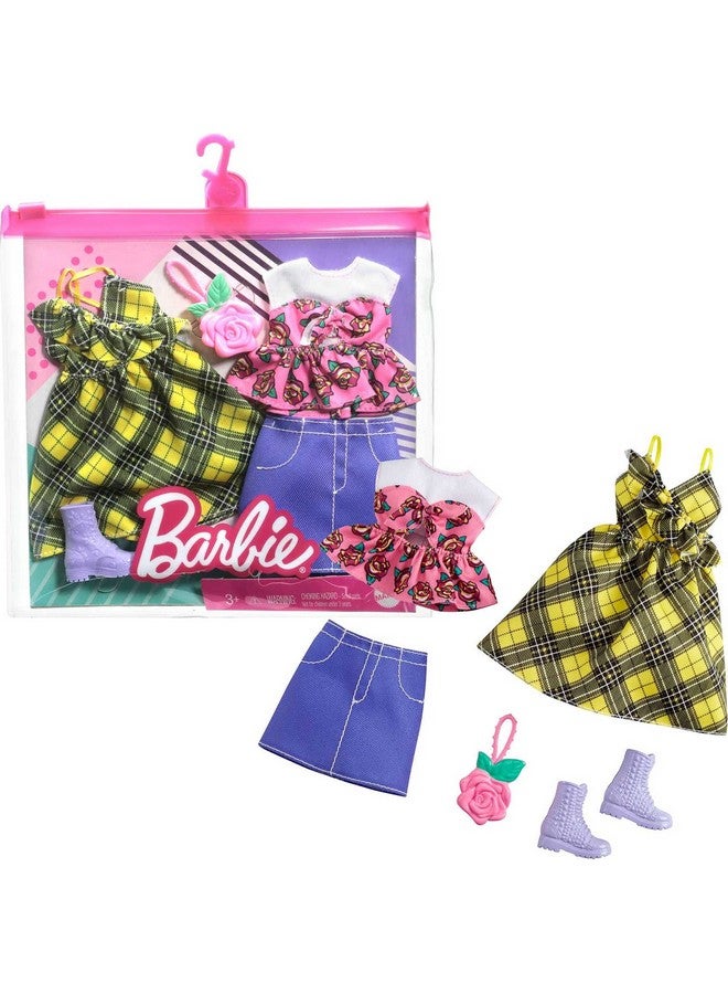 Fashions 2Pack Clothing Set 2 Outfits Doll Include Yellow Plaid Dress Floral Top Denim Skirt & 2 Accessories Gift For Kids 3 To 8 Years Old