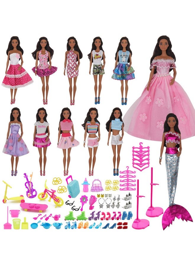 90Pcs Doll Clothes And Accessories For 11.5 Inch Girl Dolls Set Contain 10 Different Handmade Party Doll Grown Outfits 1 Handmade Wedding Dress 1 Mermaid Dress 78 Accessories For Girl Doll