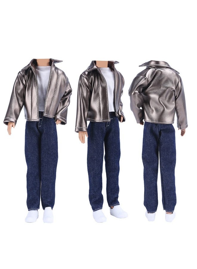 Leather Coat Suit Cool Wild Motorcycle Style Couple Clothes For 11.5 Inch Girl Doll And 12 Inch Boy Doll (Metallic)