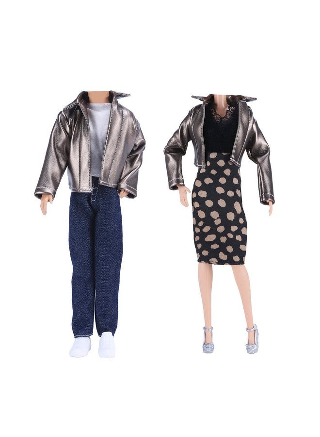 Leather Coat Suit Cool Wild Motorcycle Style Couple Clothes For 11.5 Inch Girl Doll And 12 Inch Boy Doll (Metallic)