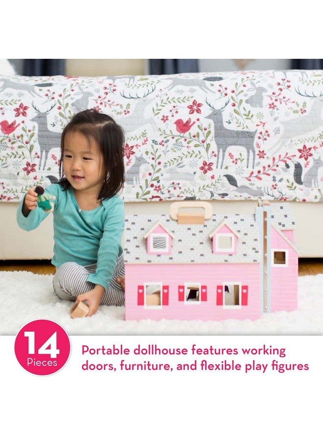Fold And Go Wooden Dollhouse With 2 Dolls And Wooden Furnituremultione Size