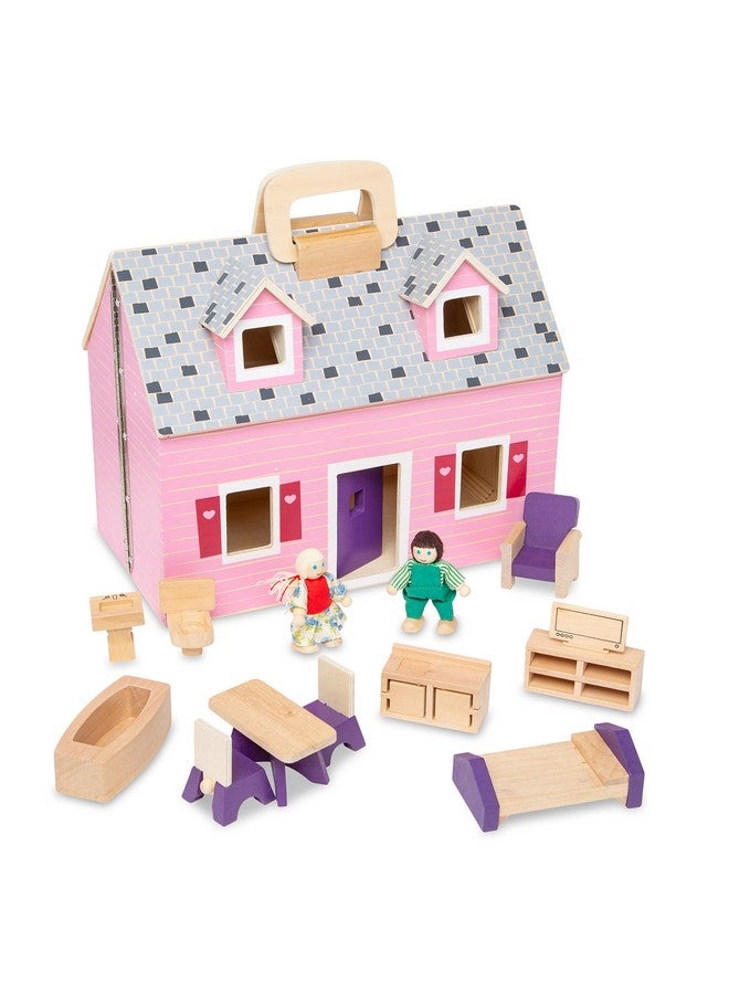 Fold And Go Wooden Dollhouse With 2 Dolls And Wooden Furnituremultione Size