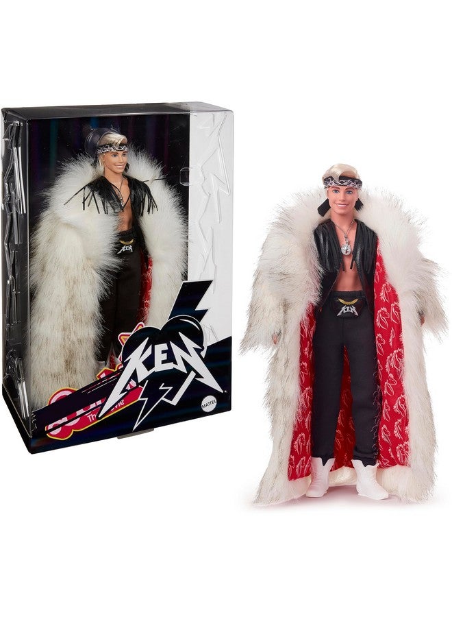 The Movie Collectible Ken Doll Wearing Big Faux Fur Coat And Black Fringe Vest With Bandana