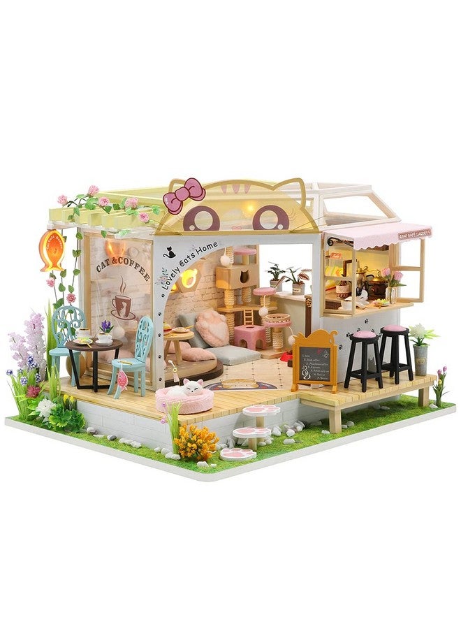 Dollhouse Miniature With Furniture Diy Wooden Dollhouse Kit Plus Dust Proof Creative Room Idea(Cat Coffee Garden)