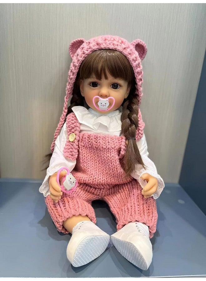 22 Inches Long Brown Hair Silicone Vinyl Full Body Anatomically Correct Lifelike Reborn Baby Doll Realistic Newborn Toddler Girl Dolls In Pink Woolen Set