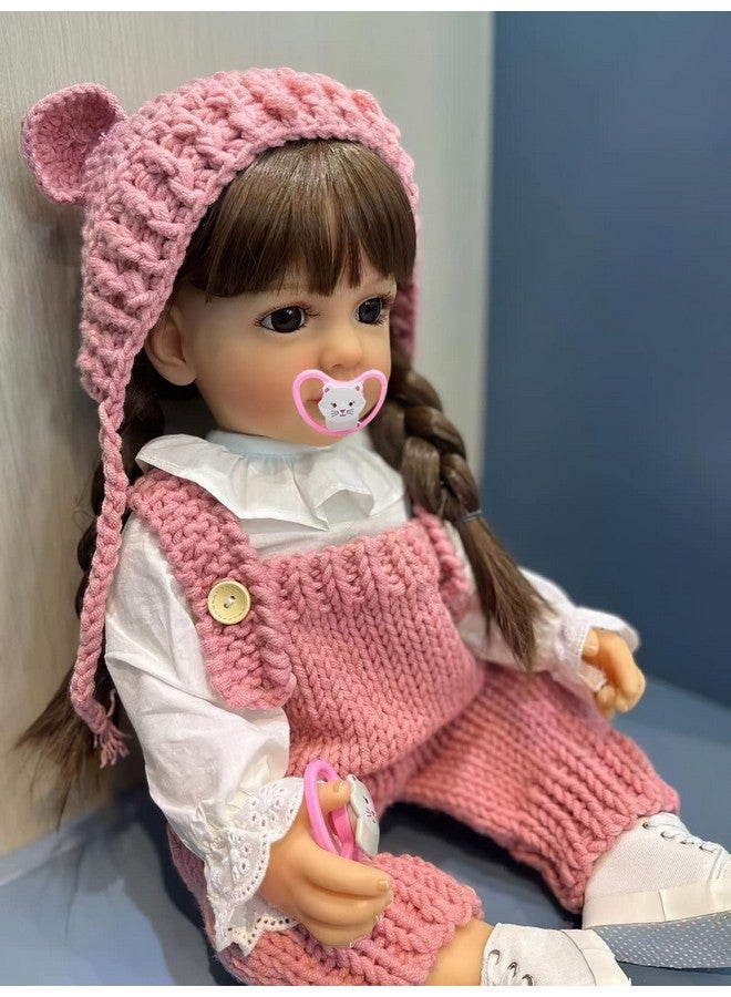 22 Inches Long Brown Hair Silicone Vinyl Full Body Anatomically Correct Lifelike Reborn Baby Doll Realistic Newborn Toddler Girl Dolls In Pink Woolen Set