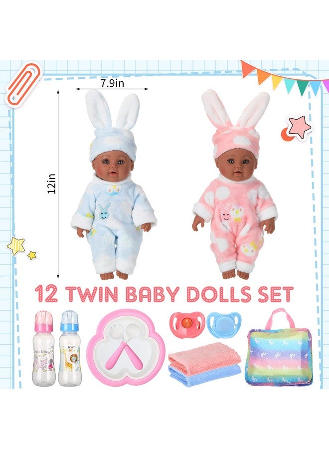 10 Pcs Realistic Soft Twin Baby Dolls Toy Set Includes 2 Pcs 12 Inch Baby Dolls Feeding Set Pacifiers Doll Diapers Diaper Bags Milk Bottles Removable Outfits For 3 (Black)