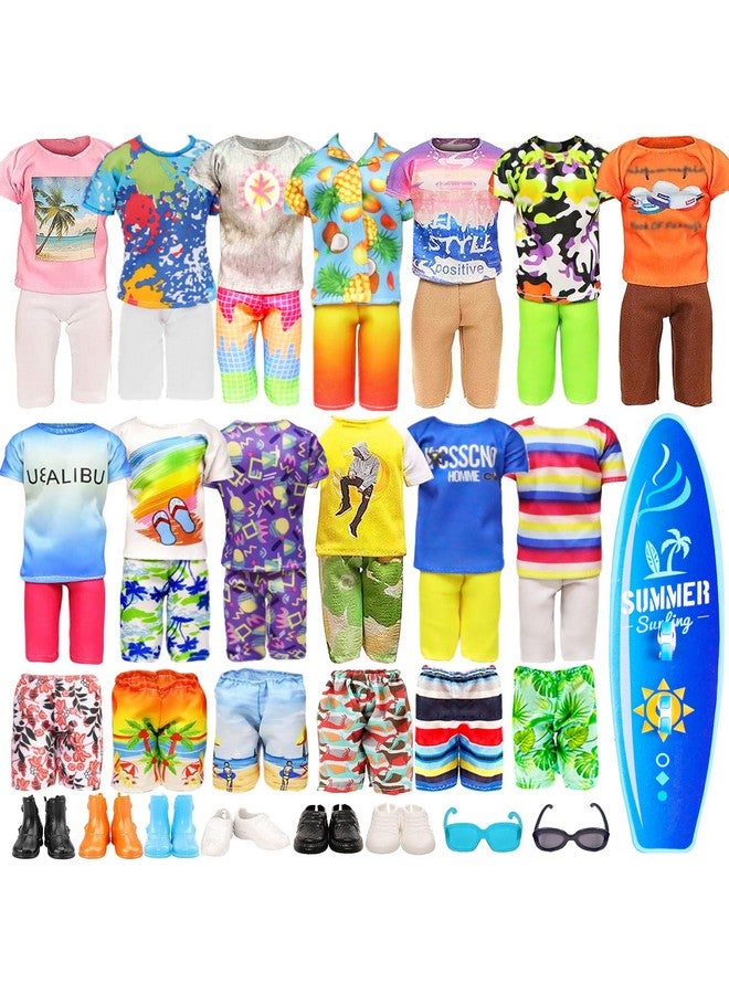 19Pcs Doll Clothes And Accessories Play Set For 12 Inch Boy Dolls Includes Tops Shorts Swimming Trunks Shoes Surfboard And Glasses (No Doll)