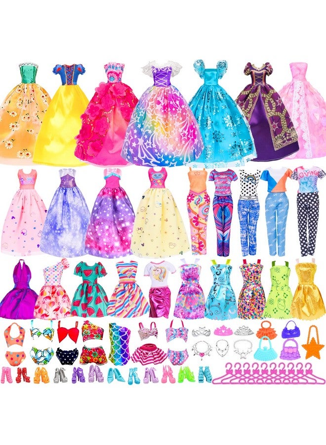 48 Pcs Doll Clothes And Accessories 2 Long Princess Dress 2 Long Party Dresses 2 Short Dresses 2 Tops 2 Pants 5 Slip Skirts 2 Bikinis And 31Pcs Doll Accessories For 11.5 Inch Dolls (No Doll)