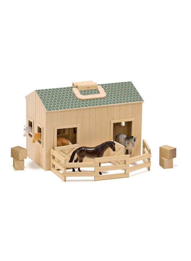 Fold And Go Wooden Horse Stable Dollhouse With Handle And Toy Horses (11 Pcs) Portable Horse Barn Play Set Toy Horse Figures For Kids 3+