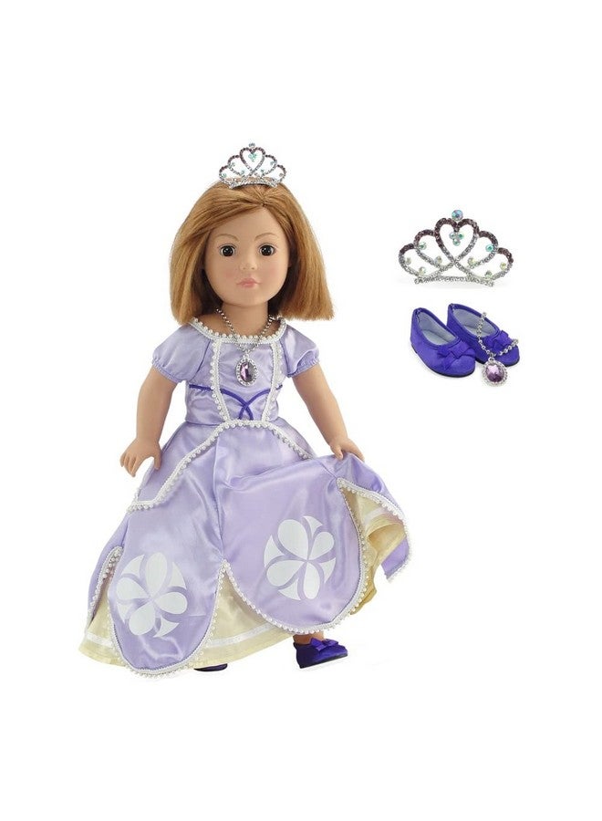 18 Inch Doll Clothes Accessories 4Pc Princess Dress Gown Costume Outfit With Crown Necklace And Matching Shoes Accessory Gift Set Fits Most 18