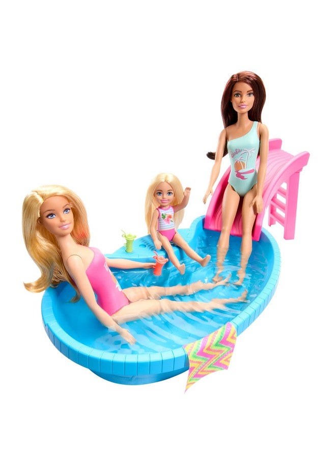 Doll And Pool Playset Blonde In Tropical Pink Onepiece Swimsuit With Pool Slide Towel And Drink Accessories