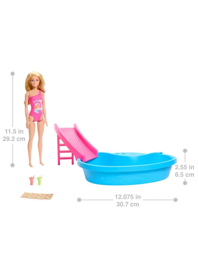 Doll And Pool Playset Blonde In Tropical Pink Onepiece Swimsuit With Pool Slide Towel And Drink Accessories