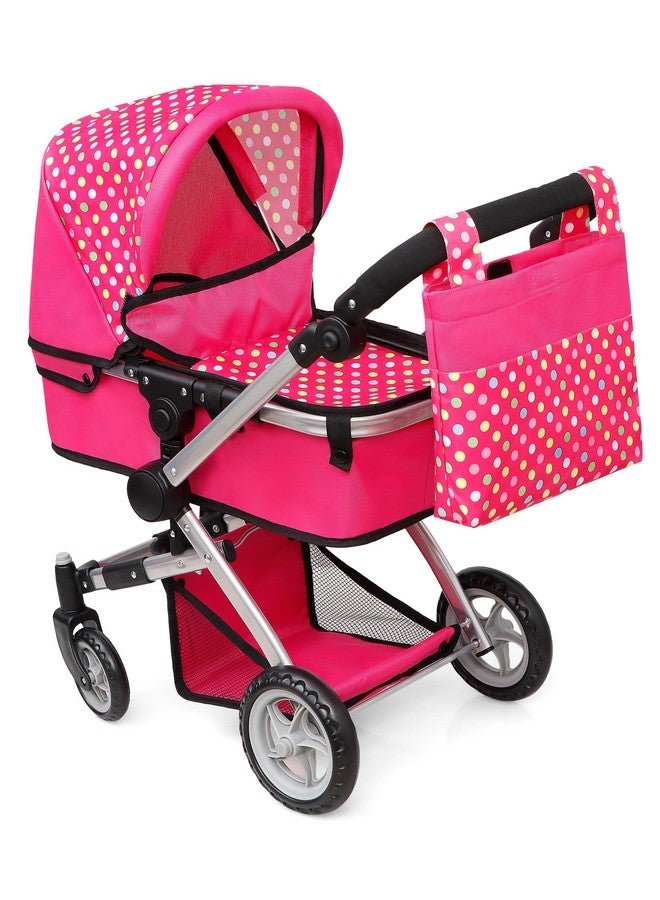 Foldable Pram For Baby Doll With Polka Dots Design With Swiveling Wheel Adjustable Handle