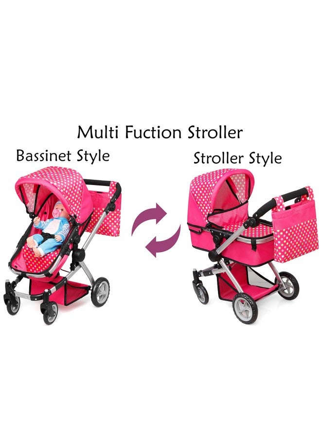Foldable Pram For Baby Doll With Polka Dots Design With Swiveling Wheel Adjustable Handle