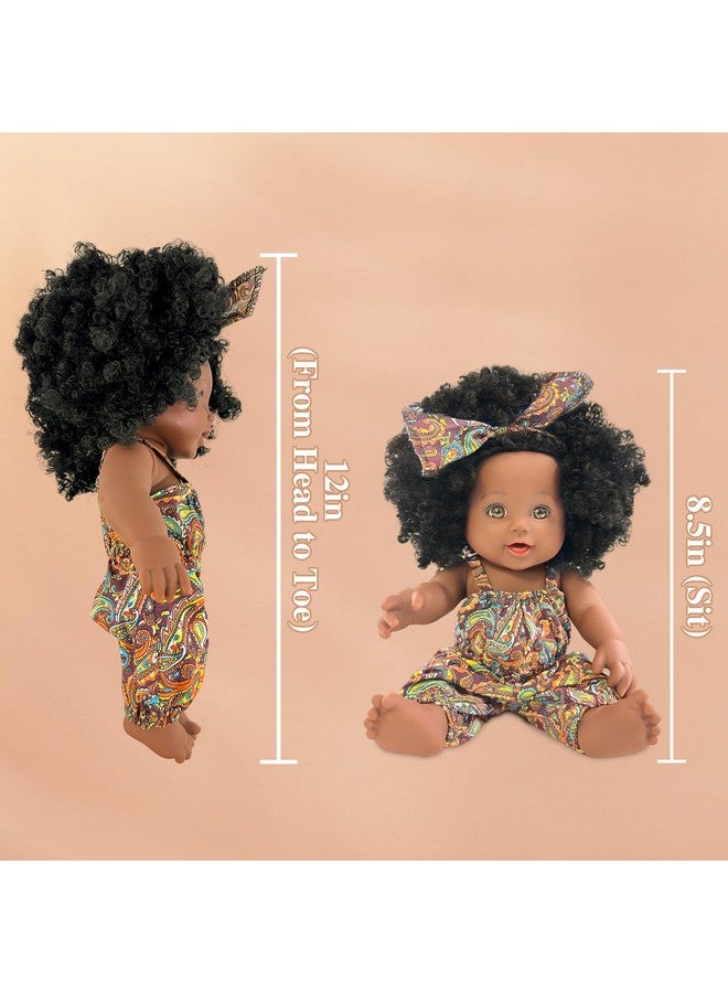 12’’ Black Baby Doll African American Black Dolls For Girls 1 2 3 4 5 Years Old 12Inch Realistic Reborn Baby Doll With Curly Hair For Toddler 13 Small Baby Doll Toy For Birthday Gift