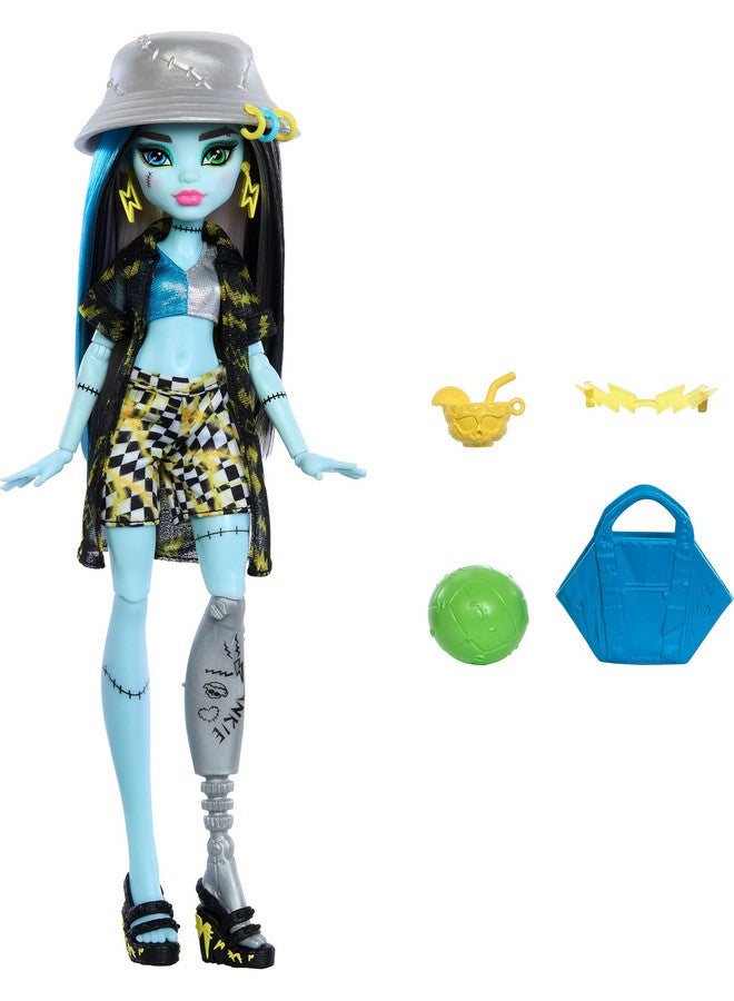 Scareadise Island Frankie Stein Doll With Swimsuit Coverup And Beach Accessories Like Hat Volleyball And Tote