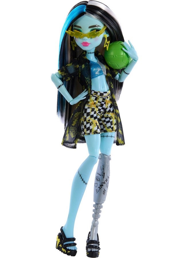 Scareadise Island Frankie Stein Doll With Swimsuit Coverup And Beach Accessories Like Hat Volleyball And Tote