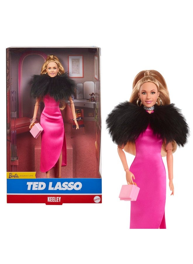 Signature Doll Keeley Jones From Ted Lasso Wearing Pink Dress With Faux Fur Cape Collectible With Displayable Packaging